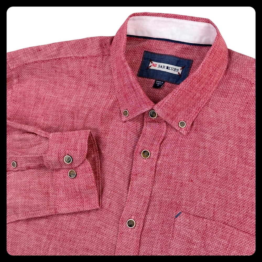 32 Bar Blues Button Down Shirt Men XL Red 70% Linen Textured Long Sleeve Pocket